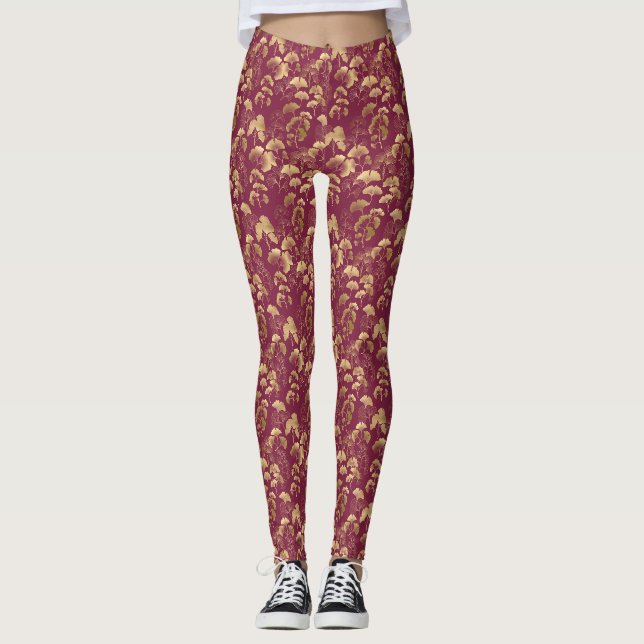 Burgundy Gold Leaf Pattern Leggings (Front)