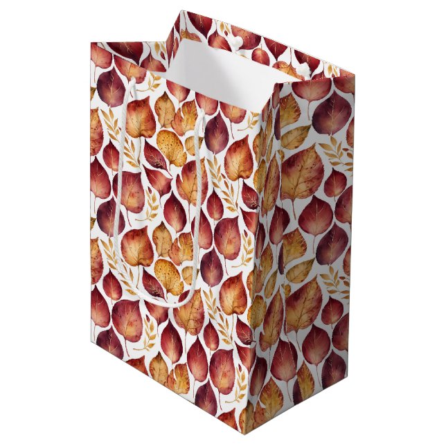 Burgundy & Gold Leaf Pattern Medium Gift Bag (Front Angled)