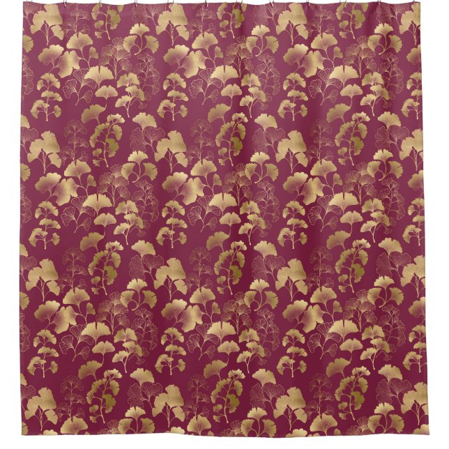 Burgundy Gold Leaf Pattern Shower Curtain (Front)