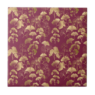 Burgundy Gold Leaf Pattern Tile