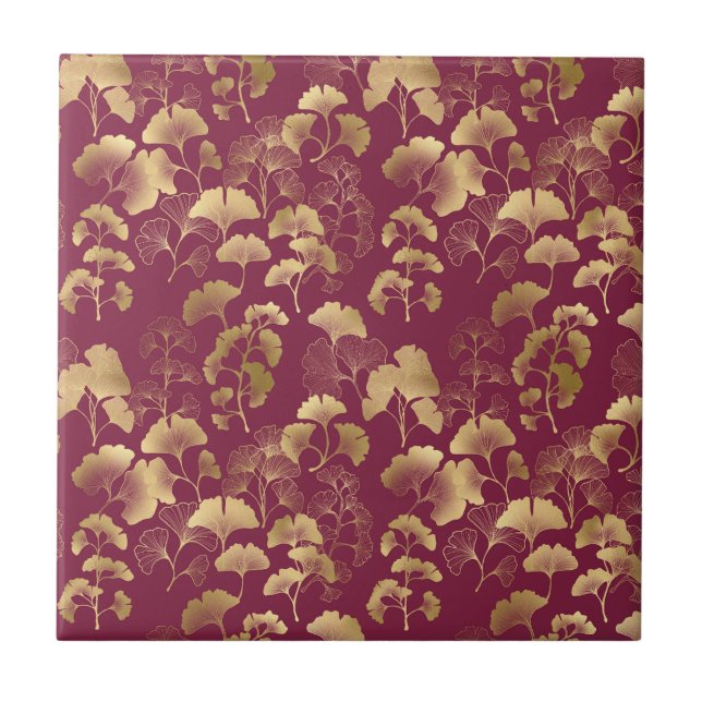 Burgundy Gold Leaf Pattern Tile (Front)