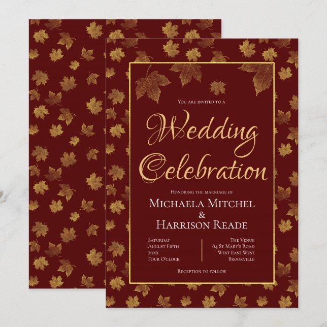 Burgundy & Gold Leaf Wedding Celebration Invitation (Front/Back)