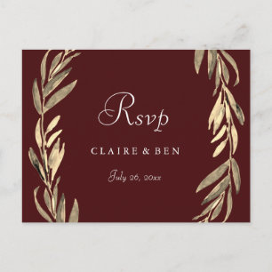 Burgundy Gold Leaf Wreath Wedding RSVP Postcard