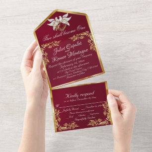 Burgundy, Gold Leaves, Doves & Heart All In One Invitation