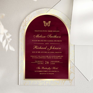 Burgundy Gold Line Art Arch Butterfly Wedding Acrylic Invitations