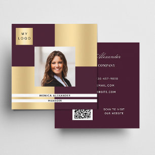 Burgundy gold logo photo QR code Square Business Card