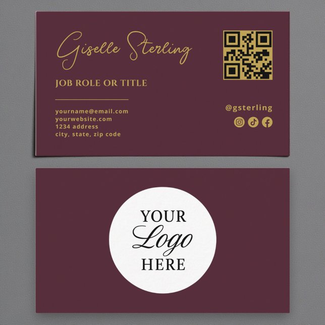 Burgundy Gold Logo QR Code Professional Company  Business Card (Creator Uploaded)