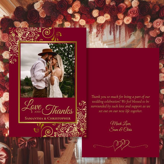 Burgundy & Gold Love & Thanks Photo & Note Wedding Thank You Card (Front/Back)