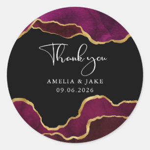 Burgundy Gold Magenta Agate Wedding Thank You Classic Round Sticker