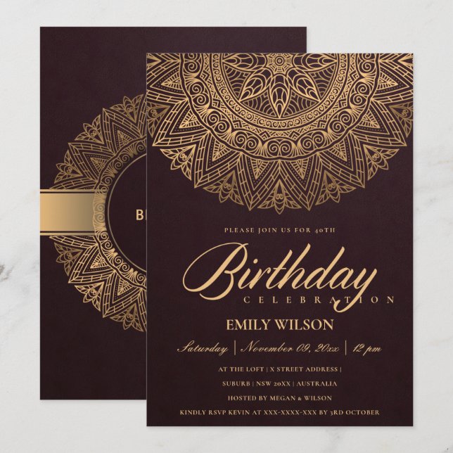 BURGUNDY GOLD MANDALA ANY YEAR 40TH BIRTHDAY PARTY INVITATION (Front/Back)