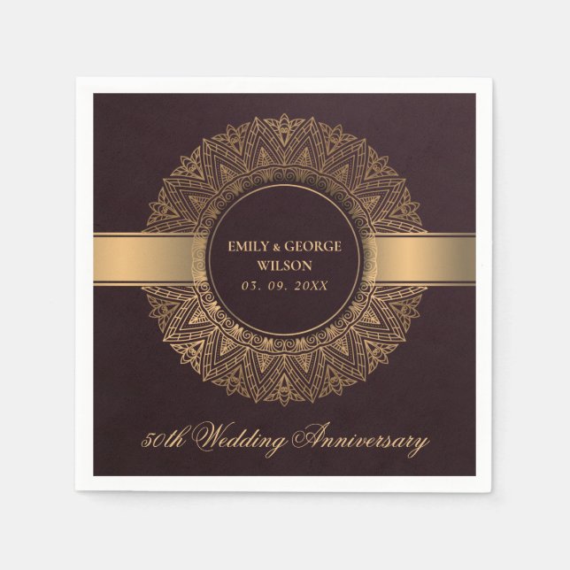 BURGUNDY GOLD MANDALA ANY YEAR 50TH ANNIVERSARY NAPKIN (Front)