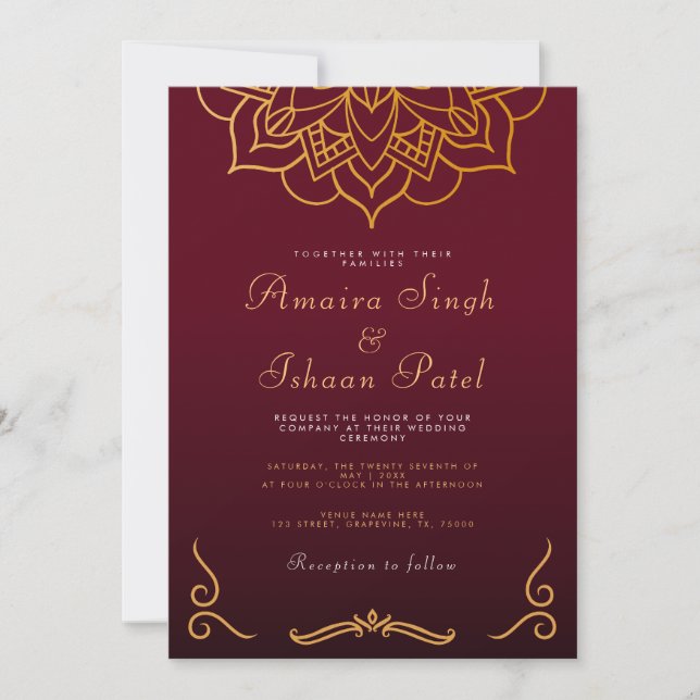 Burgundy Gold Mandala Ethnic Night Indian Wedding  Invitation (Front)