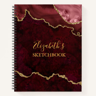Burgundy Gold Marble Agate Geode Sketchbook Notebook