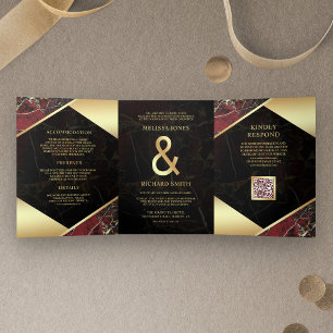 Burgundy Gold Marble Ampersand QR Code Wedding Tri-Fold Invitation