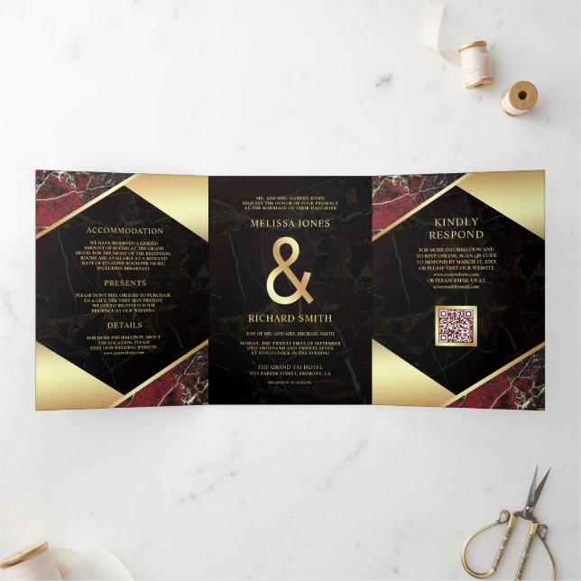 Burgundy Gold Marble Ampersand QR Code Wedding Tri-Fold Invitation (Inside)