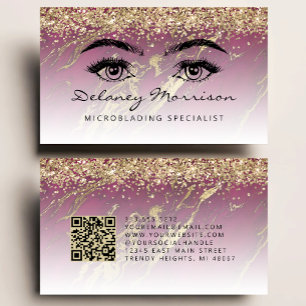 Burgundy Gold Marble Eyes QR Code Microblading Business Card