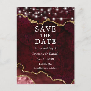 Burgundy Gold Marble Geode Lights Save The Date Announcement Postcard