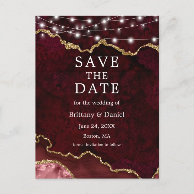Burgundy Gold Marble Geode Lights Save The Date Announcement Postcard (Front)