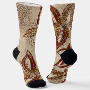 Burgundy Gold Marbled texture Floral Abstract Socks