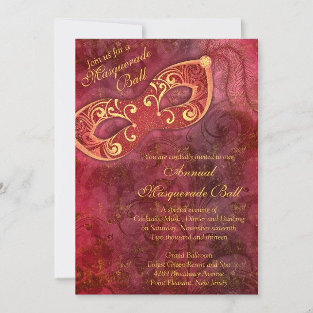 Burgundy Gold Mardi Gras Masquerade Ball Invitation (Front)