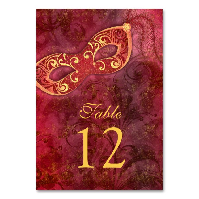 Burgundy Gold Masquerade Ball Mardi Gras Wedding Table Number (Front)