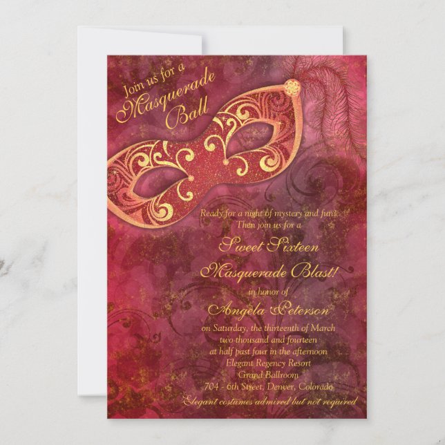 Burgundy Gold Masquerade Ball Sweet 16 Birthday Invitation (Front)