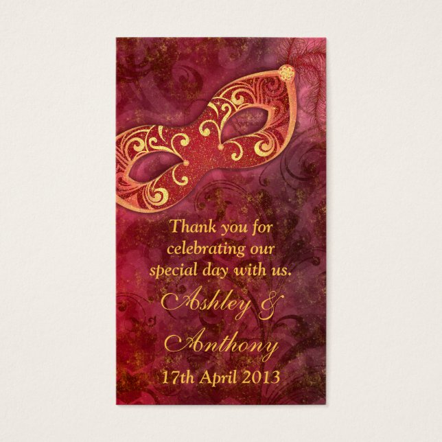 Burgundy Gold Masquerade Wedding Favour Tags (Front)