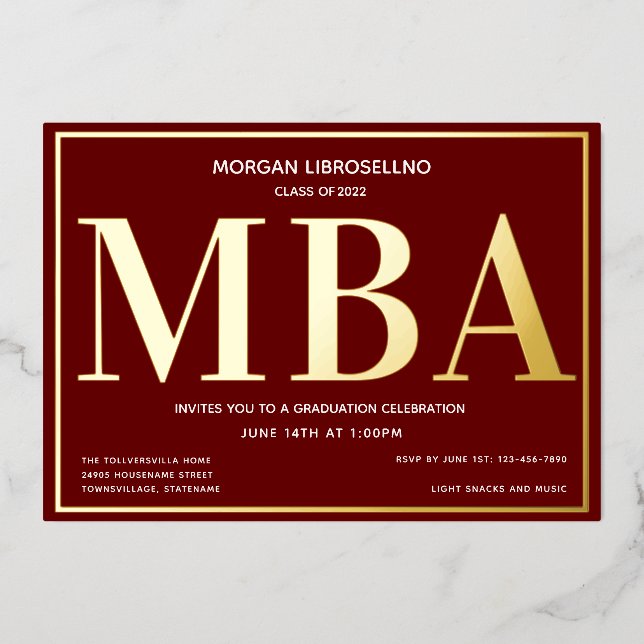 Burgundy Gold MBA Graduation Foil Invitation (Front)