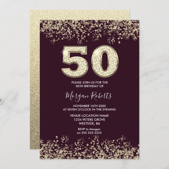 Burgundy & Gold Mens or Womans 50th Birthday Party Invitation (Front/Back)