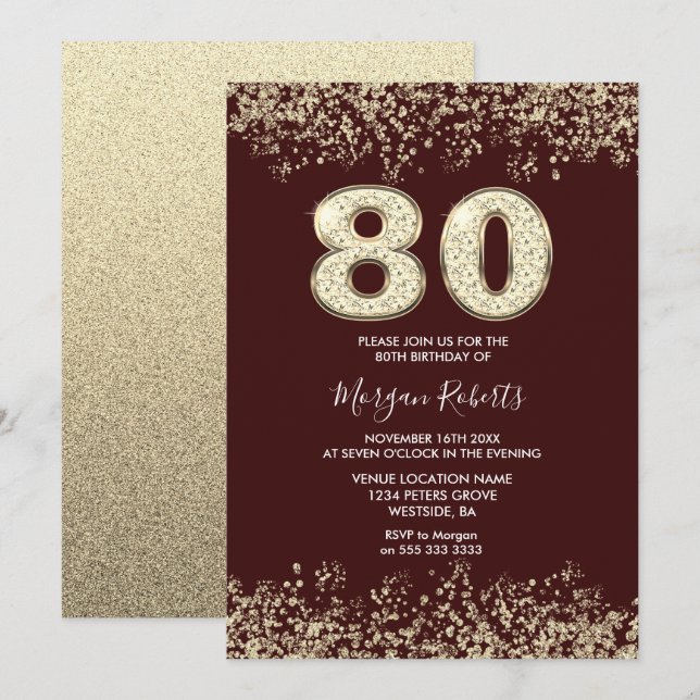 Burgundy & Gold Mens Womans 80th Birthday Party Invitation (Front/Back)
