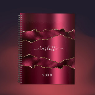 Burgundy gold metal agate marble name script 2023 planner