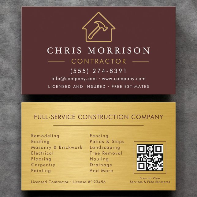 Burgundy Gold Metal Building Construction QR Code Business Card (Creator Uploaded)