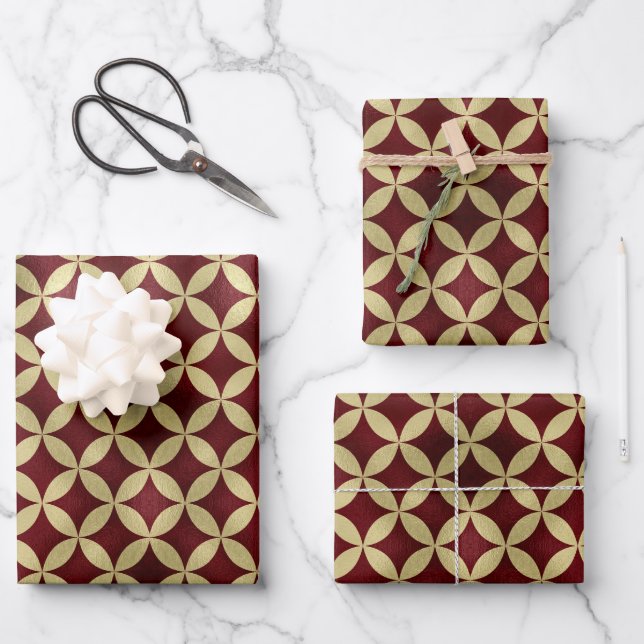 Burgundy gold metallic peel pattern wrapping paper sheet (Front)