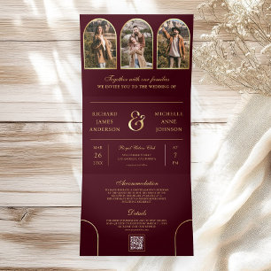 Burgundy Gold Minimal Arch Photo QR code Wedding Tri-Fold Invitation
