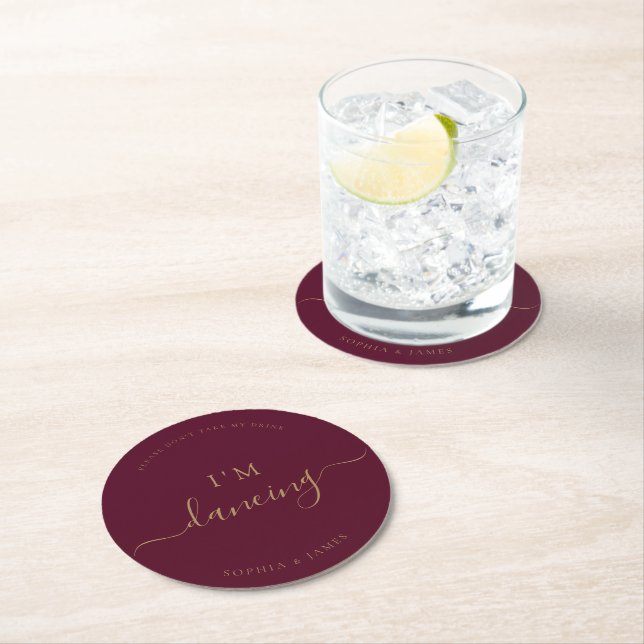 Burgundy Gold Minimalist Don't Take My Drink Round Paper Coaster (Insitu)
