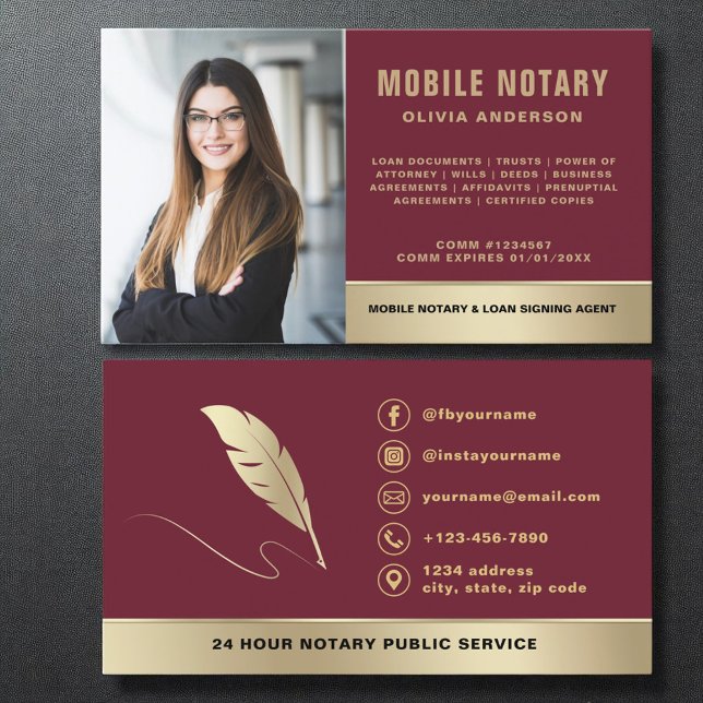 Burgundy Gold Mobile Notary Signing Agent Photo  Business Card (Creator Uploaded)