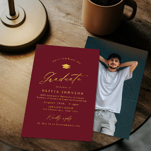 Burgundy Gold Modern Calligraphy Photo Graduation Invitation