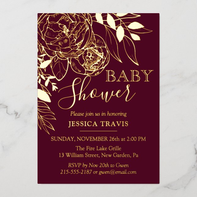 Burgundy & Gold Modern Floral Baby Shower (Front)