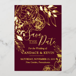Burgundy & Gold Modern Floral Peony Save the Date