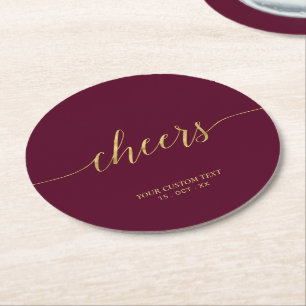 Burgundy & Gold Modern Lettering Cheers Party Round Paper Coaster