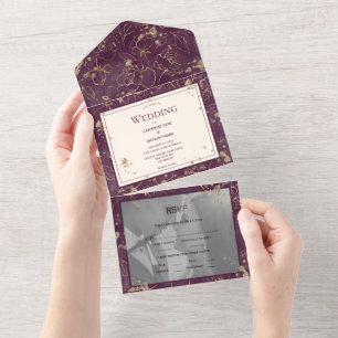 Burgundy Gold Modern Photo Wedding All In One Invitation