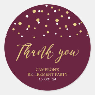 Burgundy & Gold Modern Retirement Favour Thank you Classic Round Sticker