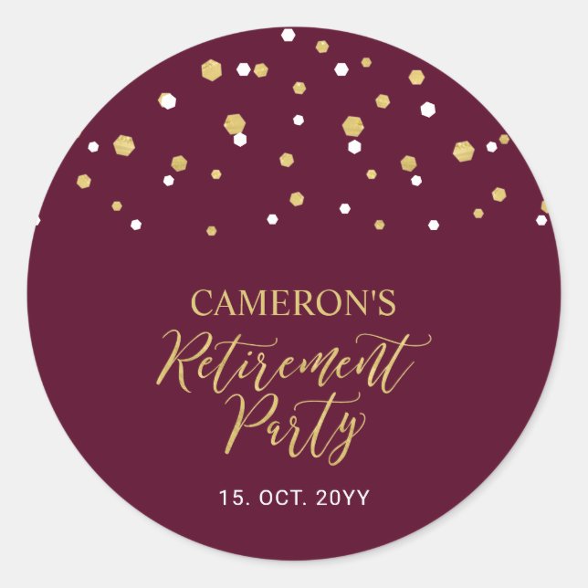 Burgundy & Gold | Modern Retirement Party Favour Classic Round Sticker (Front)