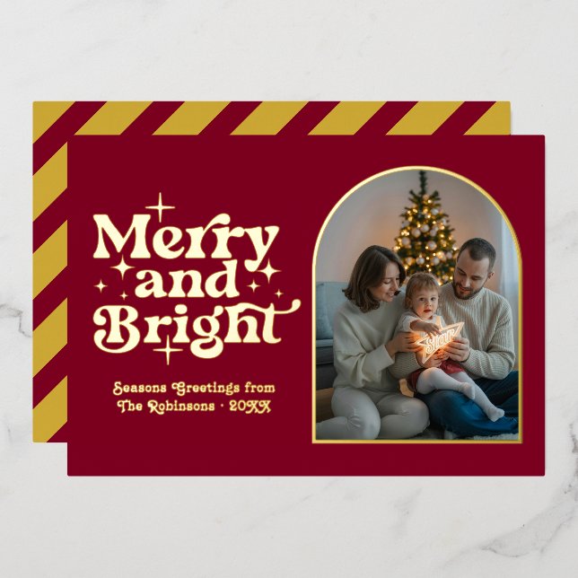 Burgundy & Gold Modern Retro Christmas Photo Foil Holiday Card (Front/Back)