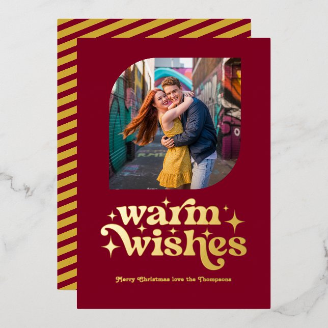 Burgundy & Gold Modern Retro Christmas Photo Foil Holiday Card (Front/Back)