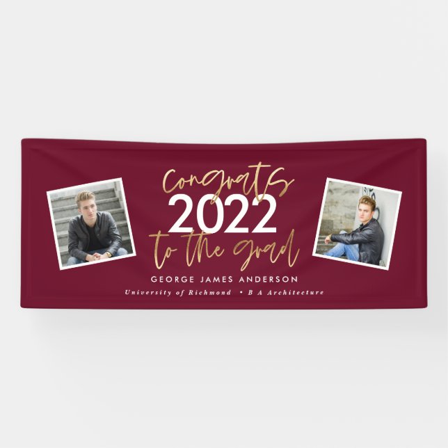 burgundy gold modern script multi photo grad banner (Horizontal)