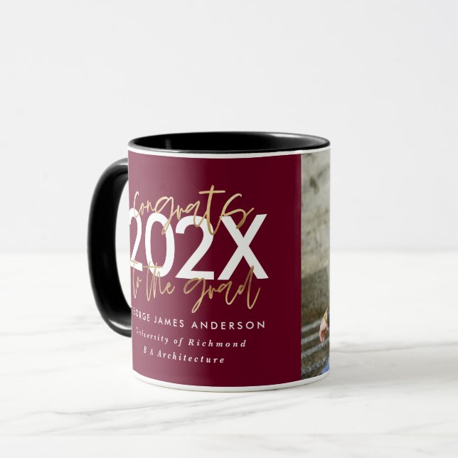 burgundy gold modern script photo grad mug (Front Left)