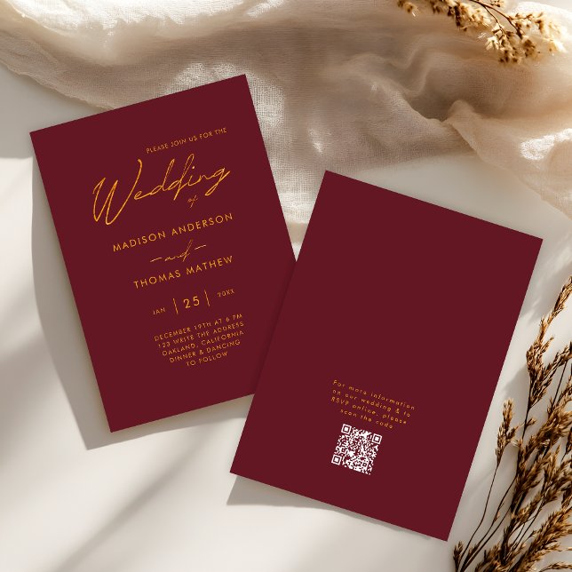 Burgundy Gold Modern Typography RSVP Wedding Invitation (Front / Back)