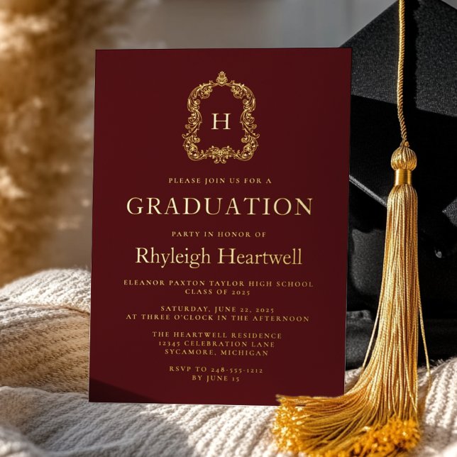 Burgundy Gold Monogram Crest Graduation Party (Creator Uploaded)