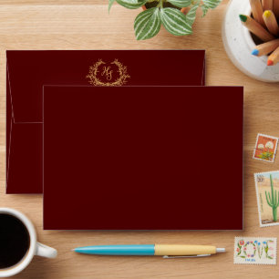 Burgundy Gold Monogram Crest Wedding Photo Envelope